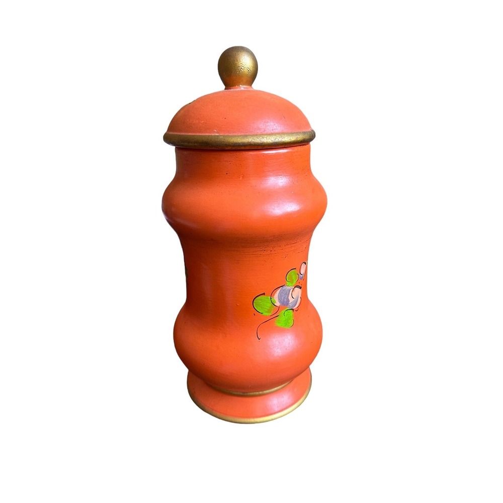 Italian Art Pottery Vase Hand Painted Orange Floral Gold Matte Mid Century - Picture 3 of 8